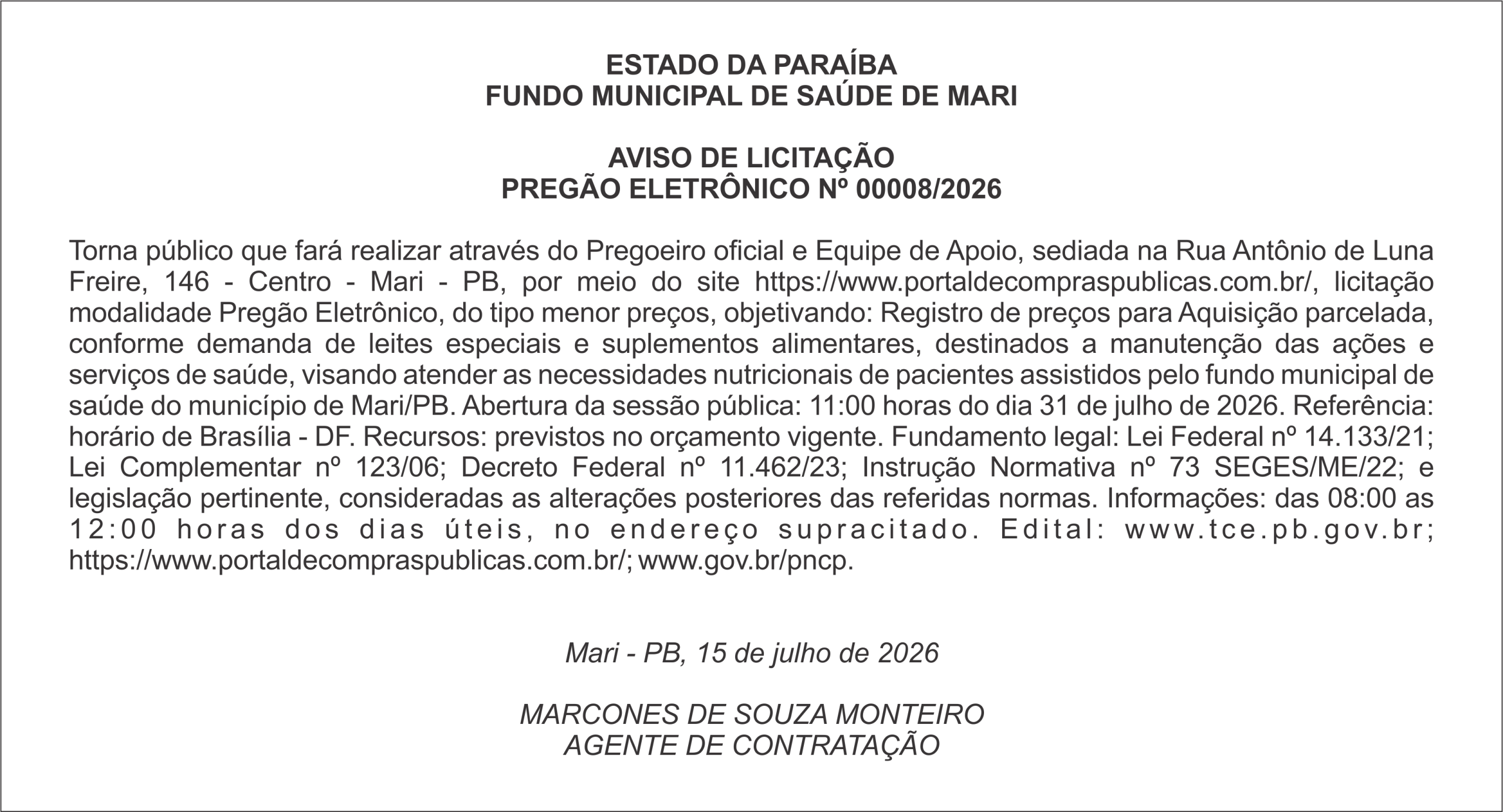 FUNDO MUNICIPAL DE SAÚDE DE MARI – AVISO DE LICITAÇÃO – PREGÃO ELETRÔNICO Nº 00008/2026