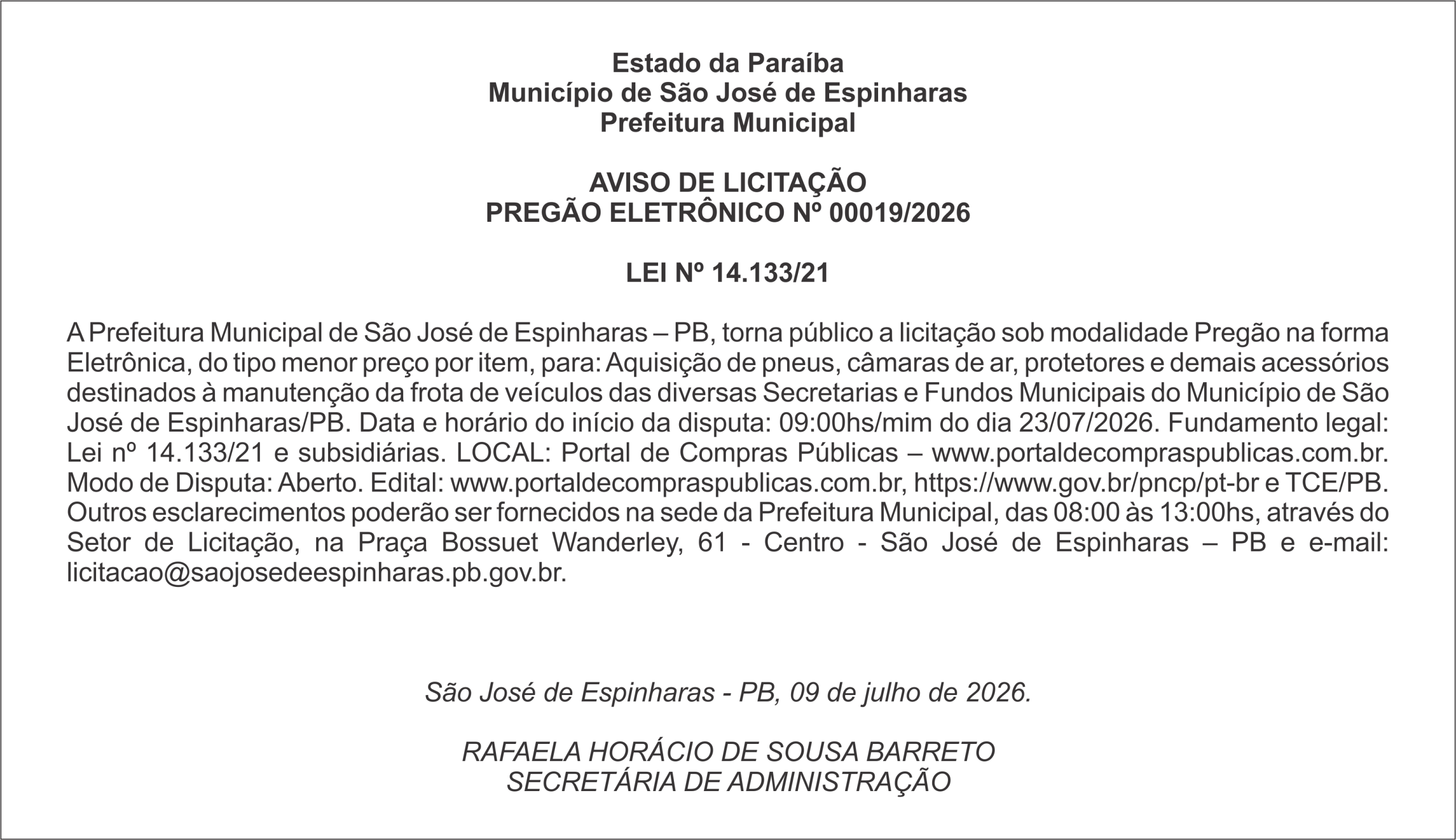 PREFEITURA MUNICIPAL DE SÃO JOSÉ DE ESPINHARAS – AVISO DE LICITAÇÃO – PREGÃO ELETRÔNICO Nº 00019/2026