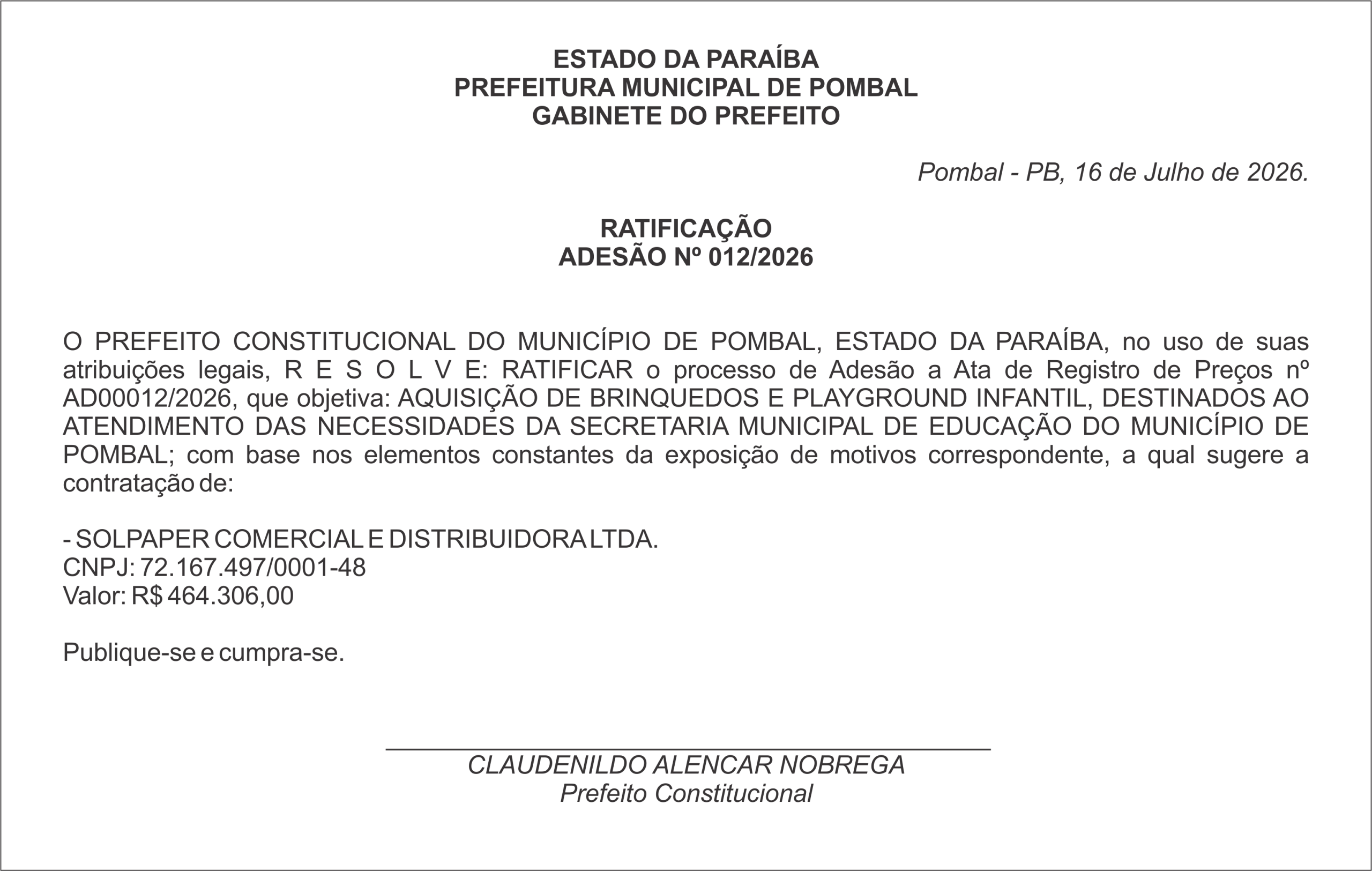 PREFEITURA MUNICIPAL DE POMBAL – RATIFICAÇÃO ADESÃO Nº 012/2026