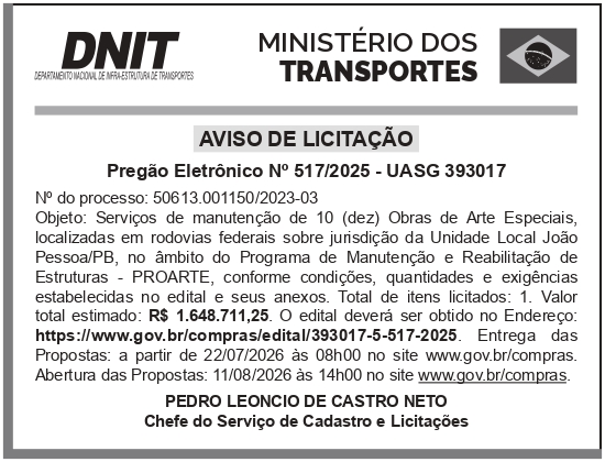DNIT – PB – JOÃO PESSOA – Aviso de Licitação – Pregão Eletrônico N° 517/2025