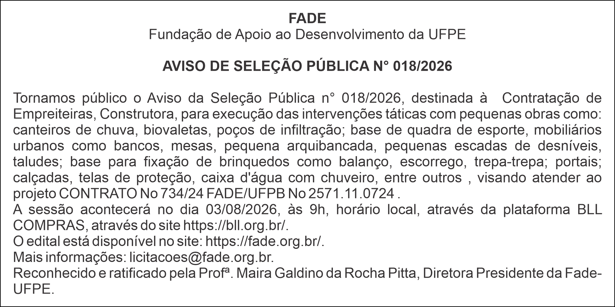 FADE – Fundação de Apoio ao Desenvolvimento da UFPE – AVISO DE SELEÇÃO PÚBLICA N° 018/2026