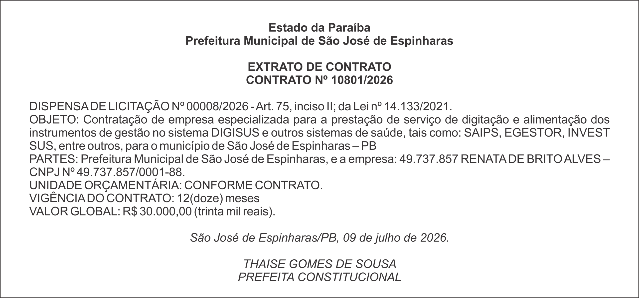 PREFEITURA MUNICIPAL DE SÃO JOSÉ DE ESPINHARAS – EXTRATO DE CONTRATO – CONTRATO Nº 10801/2026