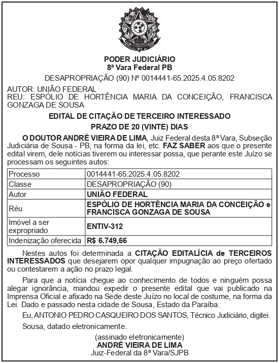SECRETARIA NACIONAL DE SEGURANÇA HIDRICA – SNSH – MDR – DF – BRASÍLIA – Edital de Citação de Terceiro Interessado – ENTIV- 312 (ESPÓLIO DE HORTÊNCIA MARIA DA CONCEIÇÃO)