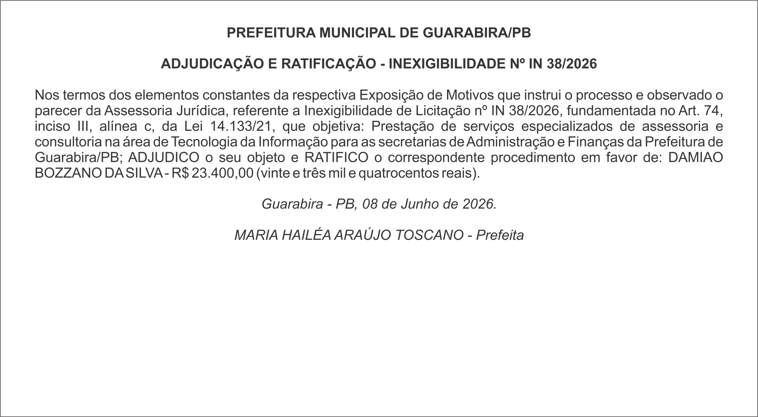 PREFEITURA MUNICIPAL DE GUARABIRA/PB ADJUDICAÇÃO E RATIFICAÇÃO – INEXIGIBILIDADE Nº IN 38/2026