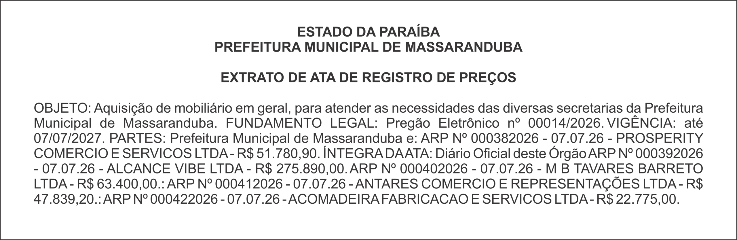 PREFEITURA MUNICIPAL DE MASSARANDUBA – EXTRATO DE ATA DE REGISTRO DE PREÇOS