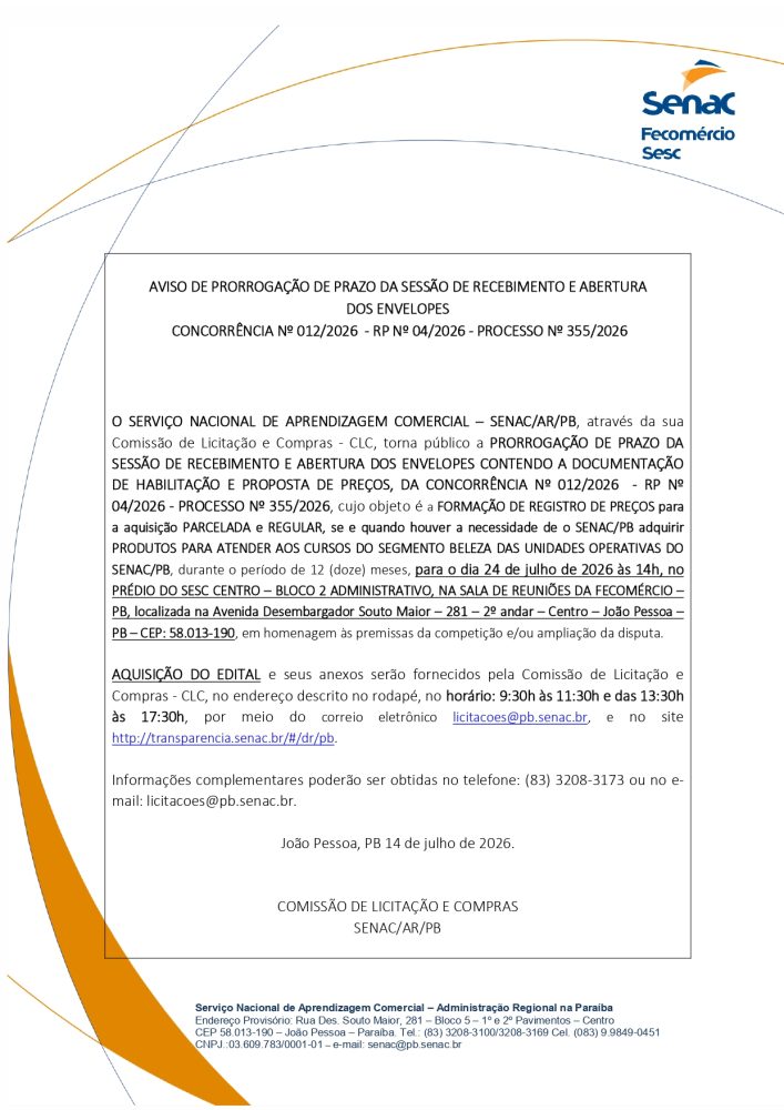 SENAC – AVISO DE PRORROGAÇÃO DE PRAZO DA SESSÃO DE RECEBIMENTO E ABERTURA DOS ENVELOPES – CONCORRÊNCIA Nº 012/2026 – RP Nº 04/2026 – PROCESSO Nº 355/2026