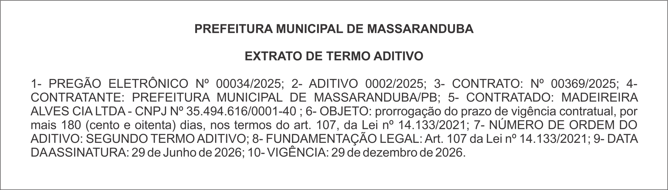 PREFEITURA DE MASSARANDUBA – EXTRATO DE TERMO ADITIVO