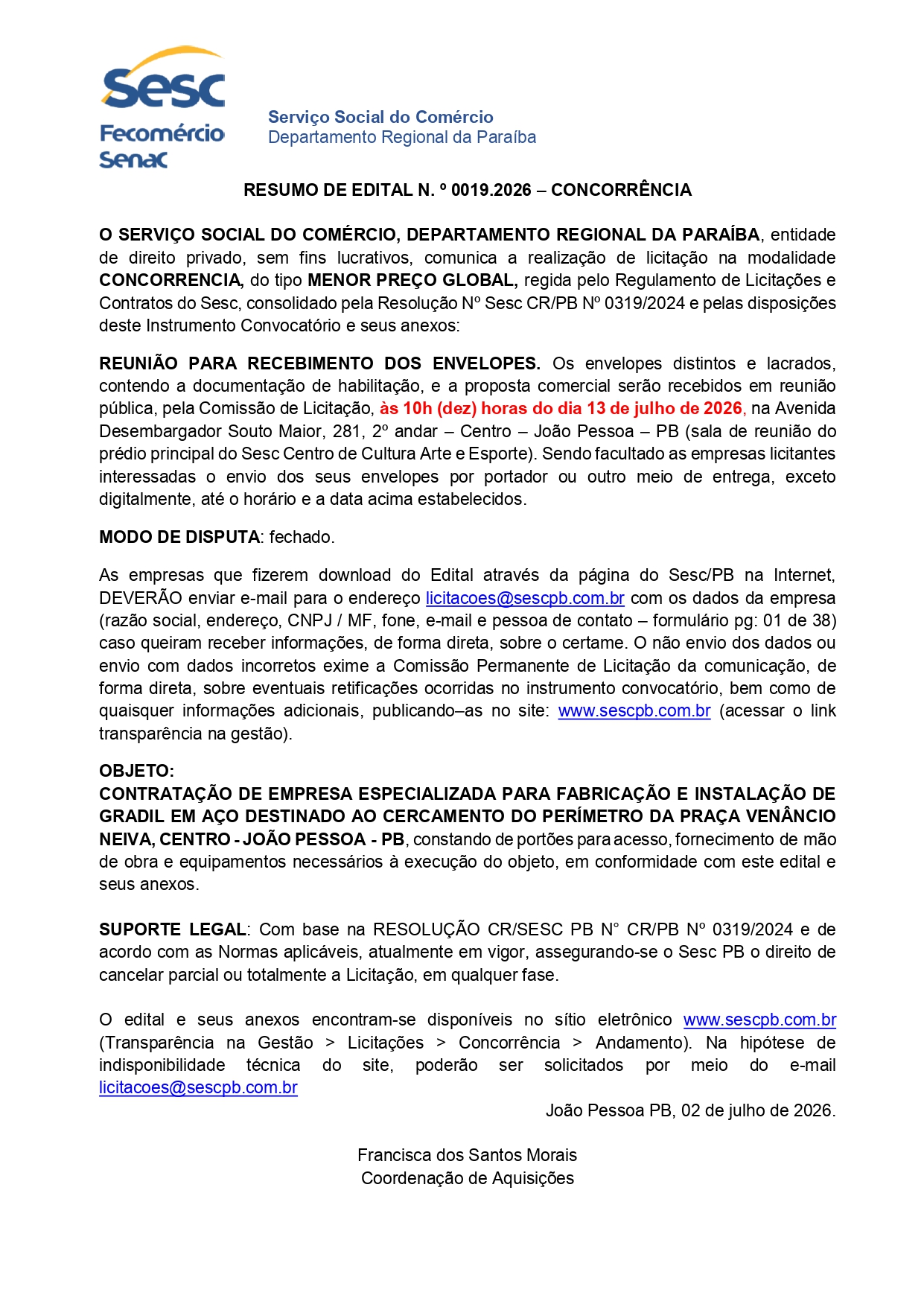 SESC – RESUMO DE EDITAL N. º 0019.2026 – CONCORRÊNCIA