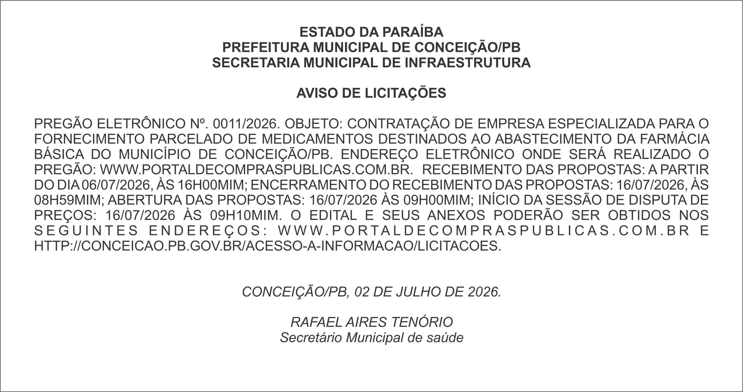 PREFEITURA MUNICIPAL DE CONCEIÇÃO/PB – AVISO DE LICITAÇÕES  PREGÃO ELETRÔNICO Nº. 0011/2026