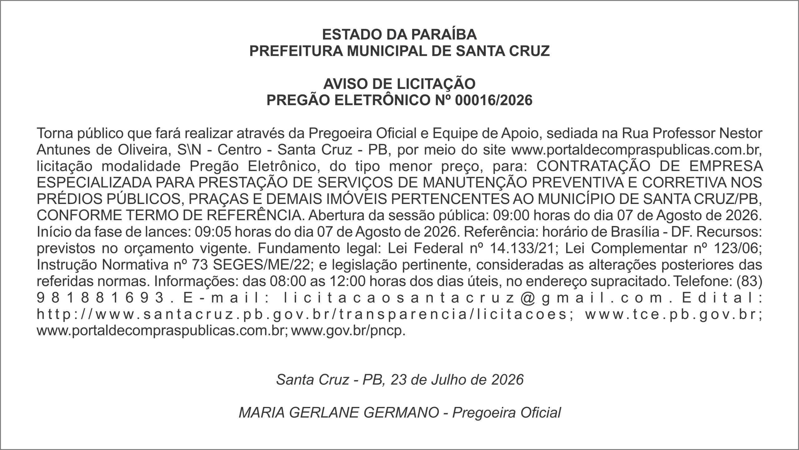 PREFEITURA MUNICIPAL DE SANTA CRUZ – AVISO DE LICITAÇÃO PREGÃO ELETRÔNICO Nº 00016/2026