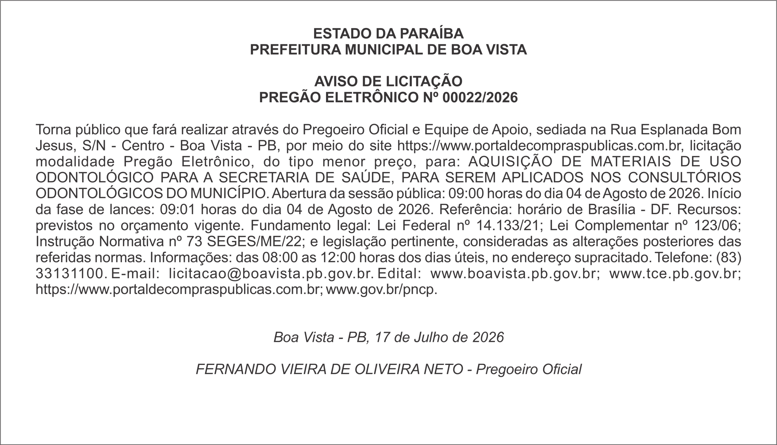PREFEITURA MUNICIPAL DE BOA VISTA – AVISO DE LICITAÇÃO – PREGÃO ELETRÔNICO Nº 00022/2026