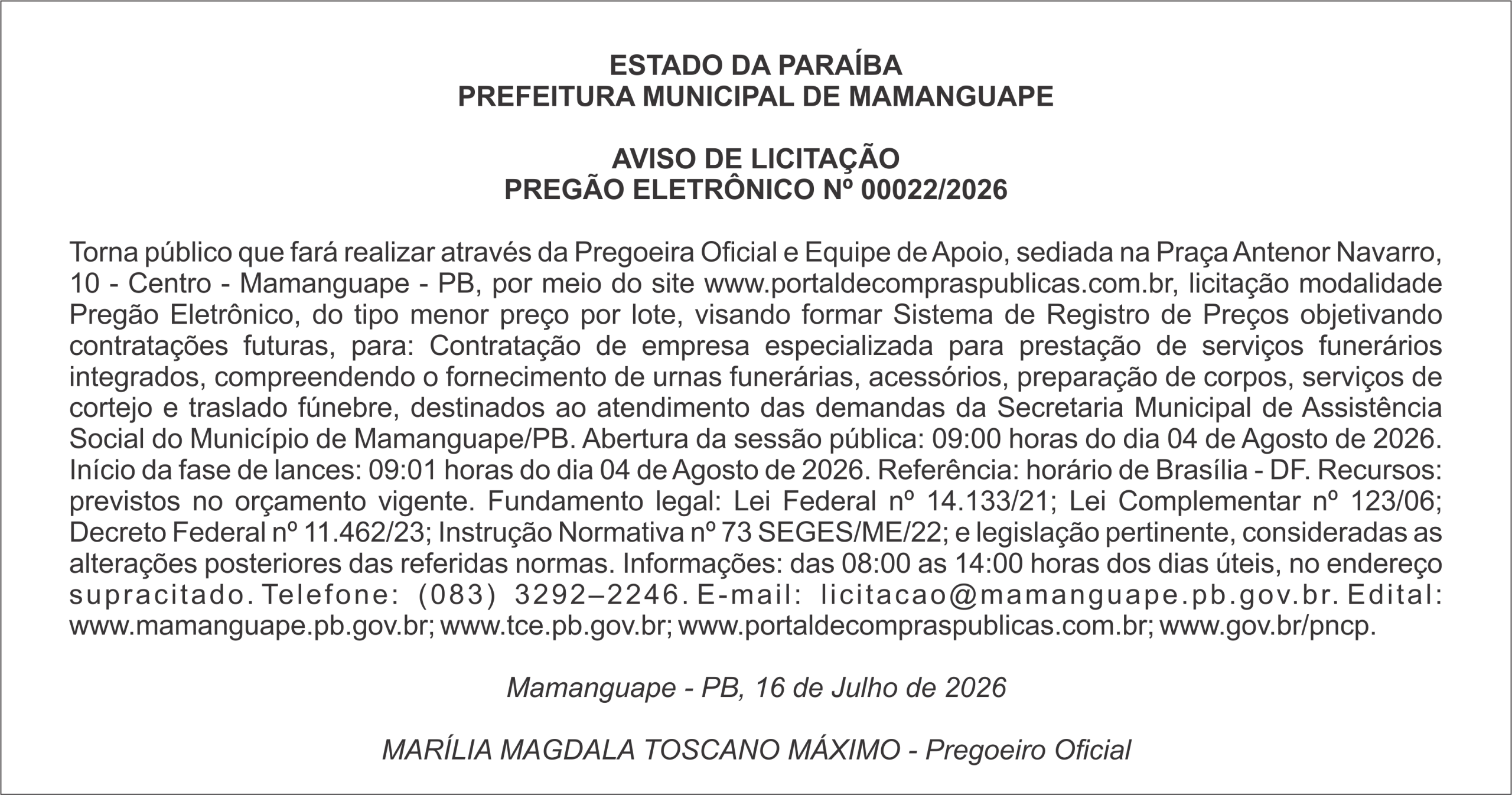 PREFEITURA MUNICIPAL DE MAMANGUAPE – AVISO DE LICITAÇÃO – PREGÃO ELETRÔNICO Nº 00022/2026