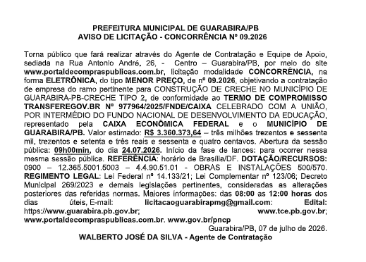 PREFEITURA MUNICIPAL DE GUARABIRA/PB – AVISO DE LICITAÇÃO – CONCORRÊNCIA Nº 09.2026