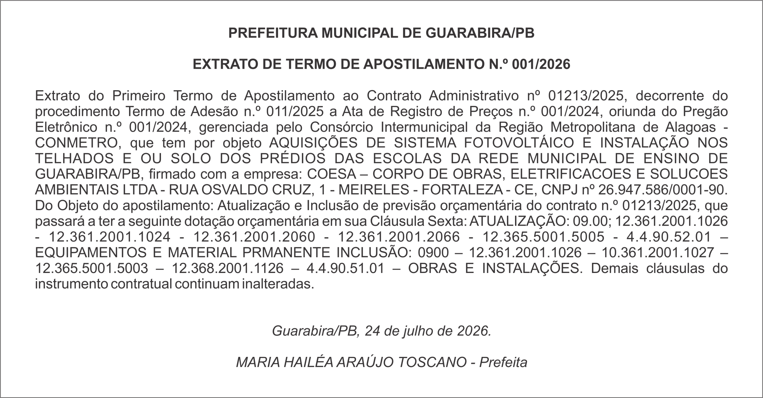 PREFEITURA MUNICIPAL DE GUARABIRA/PB – EXTRATO DE TERMO DE APOSTILAMENTO N.º 001/2026