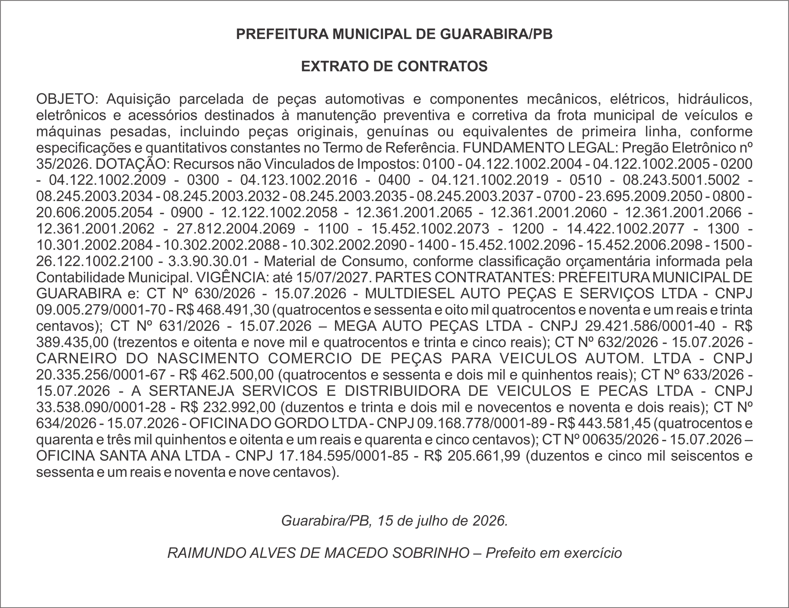 PREFEITURA MUNICIPAL DE GUARABIRA/PB – EXTRATO DE CONTRATOS