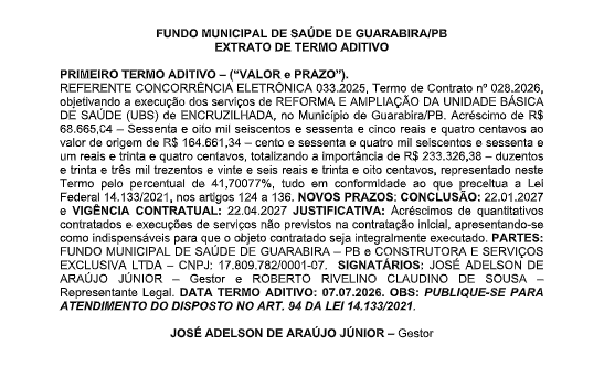 FUNDO MUNICIPAL DE SAÚDE DE GUARABIRA/PB – EXTRATO DE TERMO ADITIVO