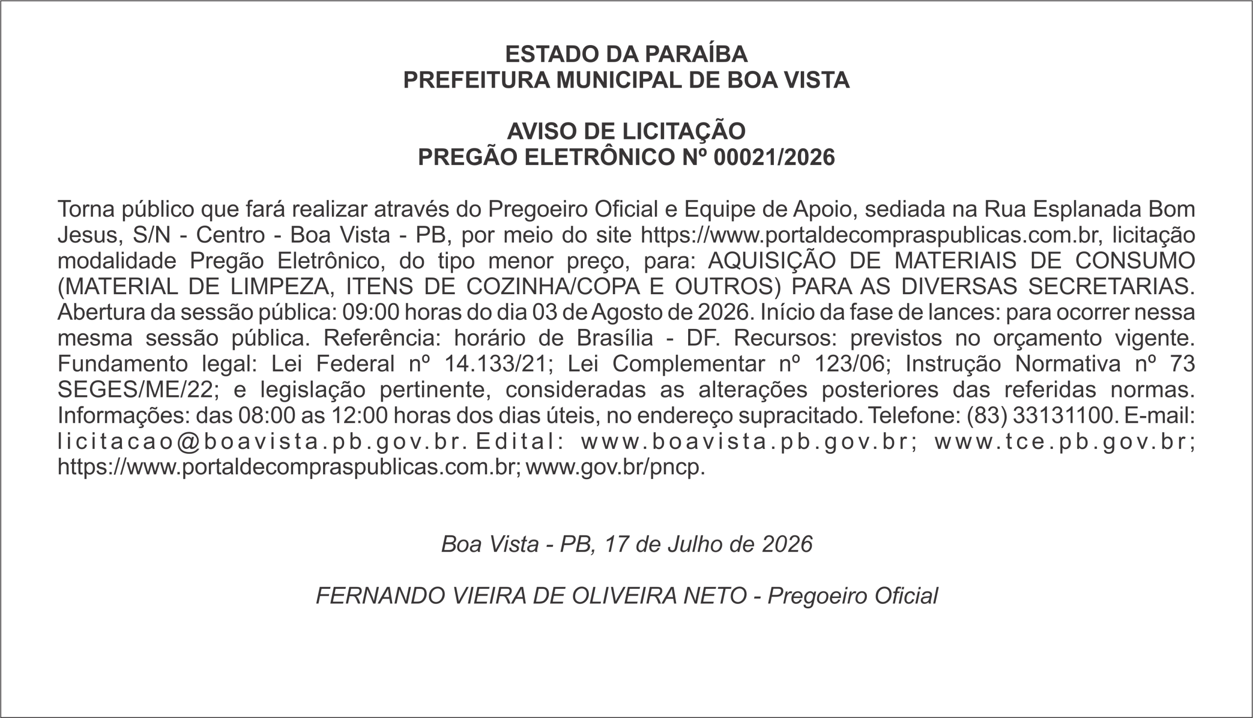 PREFEITURA MUNICIPAL DE BOA VISTA – AVISO DE LICITAÇÃO – PREGÃO ELETRÔNICO Nº 00021/2026