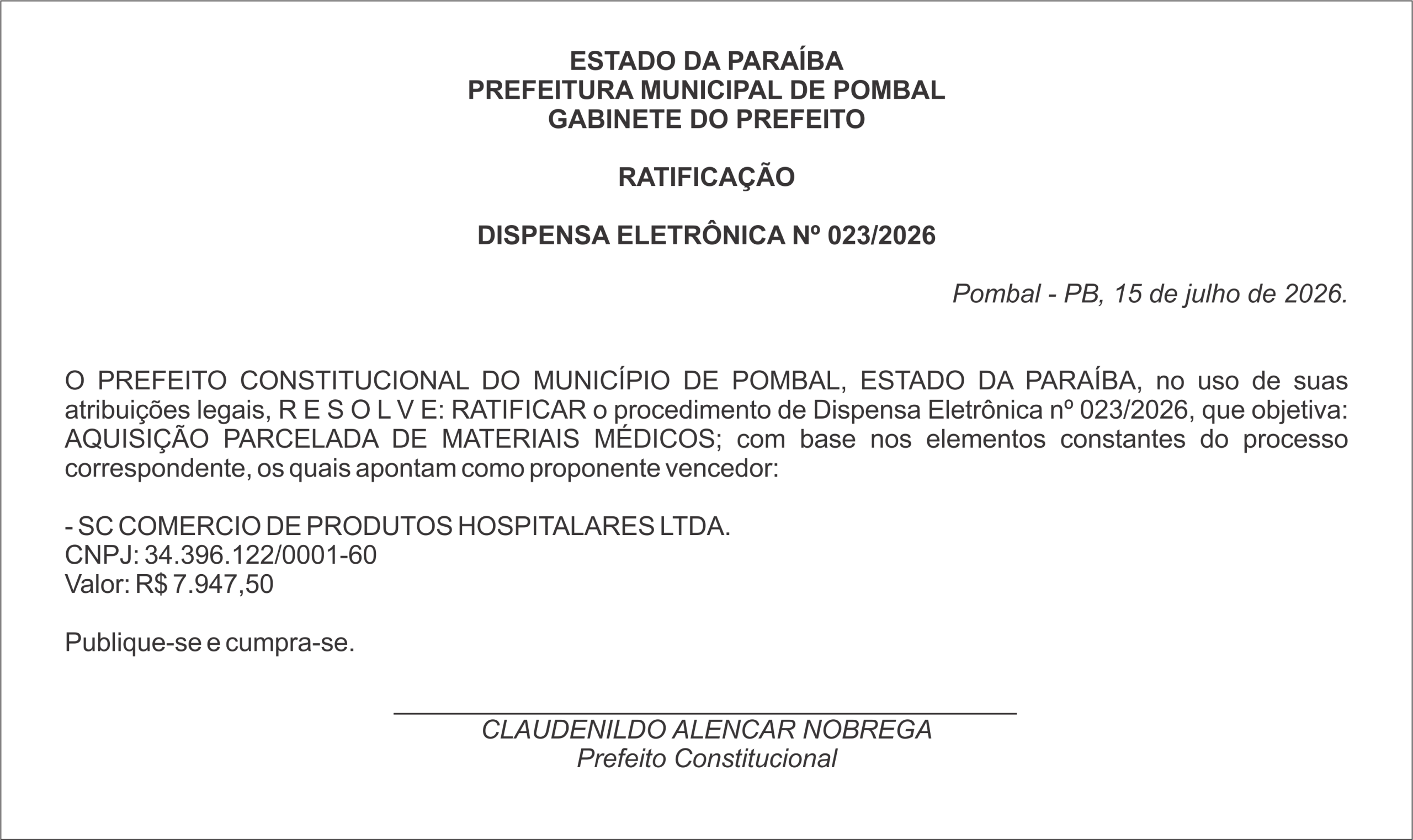 PREFEITURA MUNICIPAL DE POMBAL – RATIFICAÇÃO – DISPENSA ELETRÔNICA Nº 023/2026