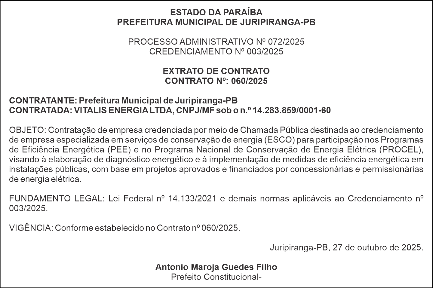 PREFEITURA MUNICIPAL DE JURIPIRANGA-PB – EXTRATO DE CONTRATO – CONTRATO Nº: 060/2025
