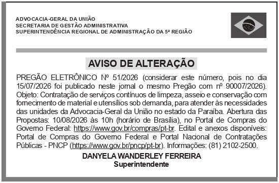 AGU – DF – CGEP/DGEP/SGA – BRASÍLIA – AVISO DE REABERTURA (PREGÃO ELETRÔNICO N° 51/2026)
