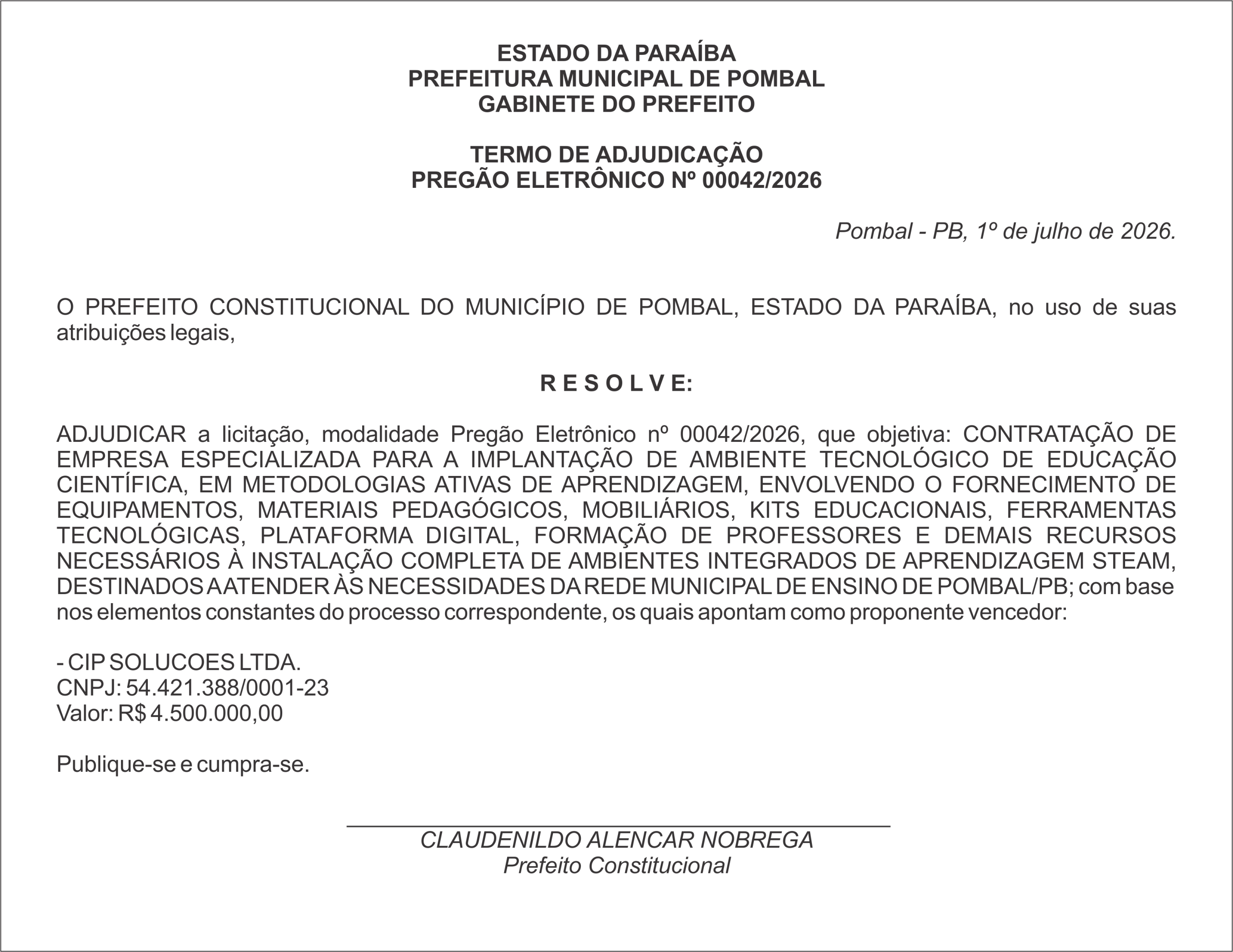PREFEITURA MUNICIPAL DE POMBAL – TERMO DE ADJUDICAÇÃO PREGÃO ELETRÔNICO Nº 00042/2026