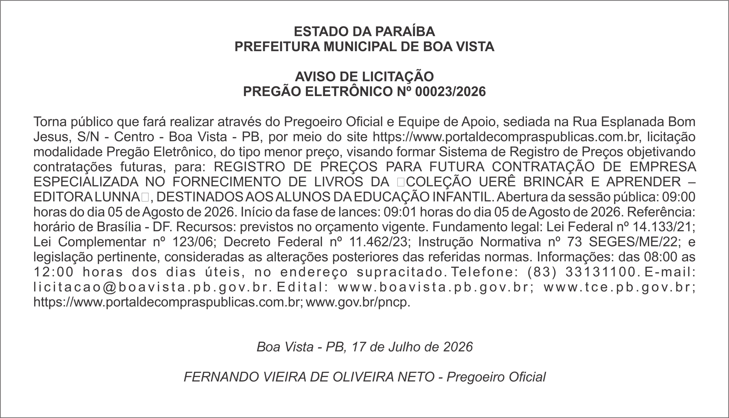 PREFEITURA MUNICIPAL DE BOA VISTA – AVISO DE LICITAÇÃO – PREGÃO ELETRÔNICO Nº 00023/2026