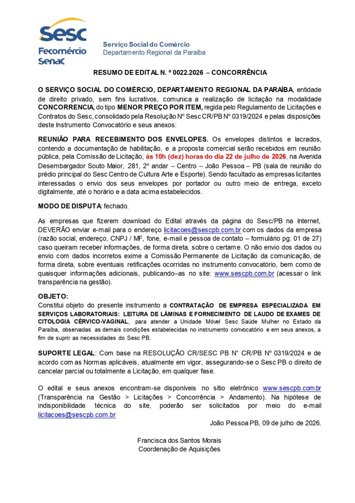 SESC – RESUMO DE EDITAL N. º 0022.2026 – CONCORRÊNCIA