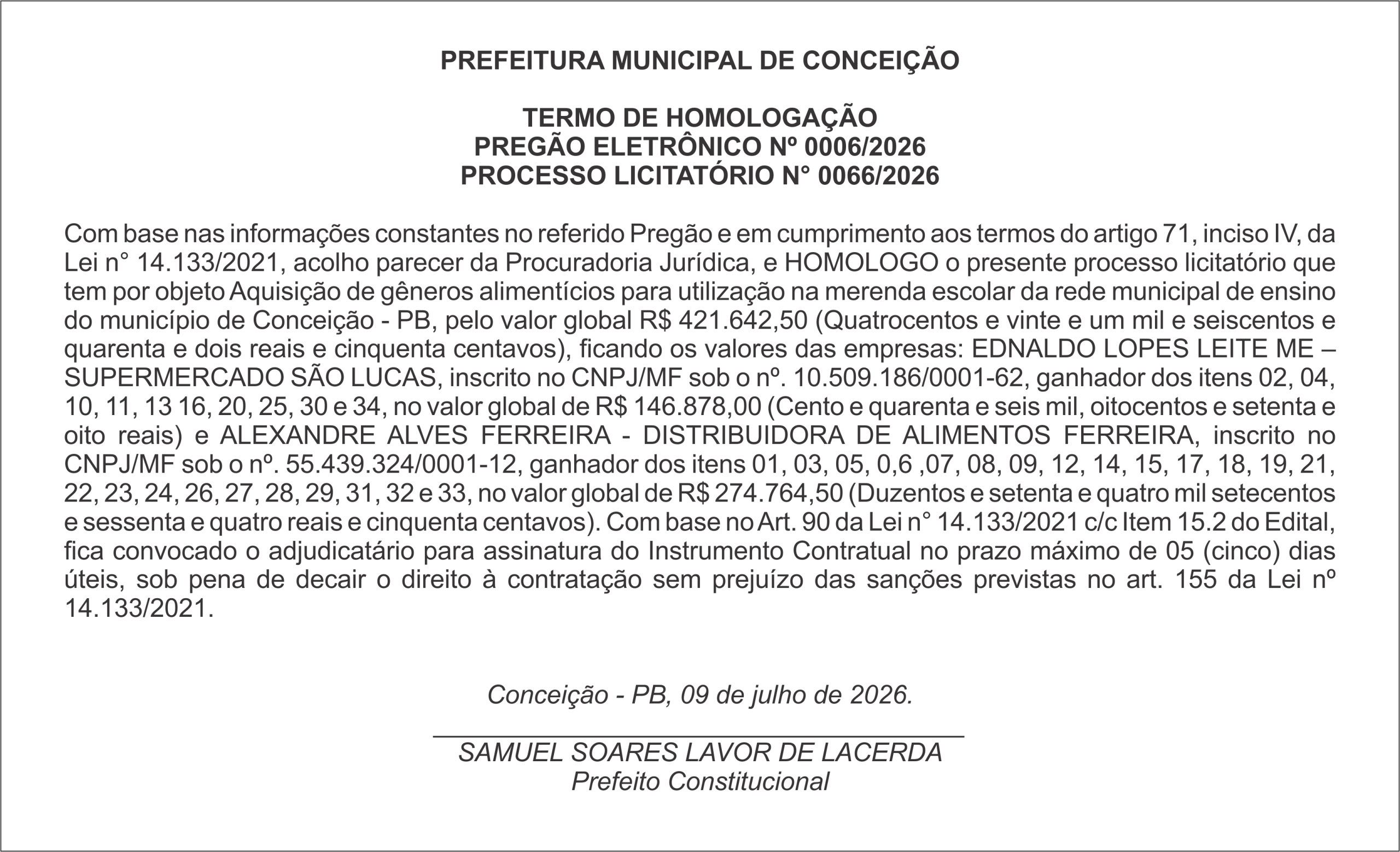 PREFEITURA MUNICIPAL DE CONCEIÇÃO – TERMO DE HOMOLOGAÇÃO – PREGÃO ELETRÔNICO Nº 0006/2026