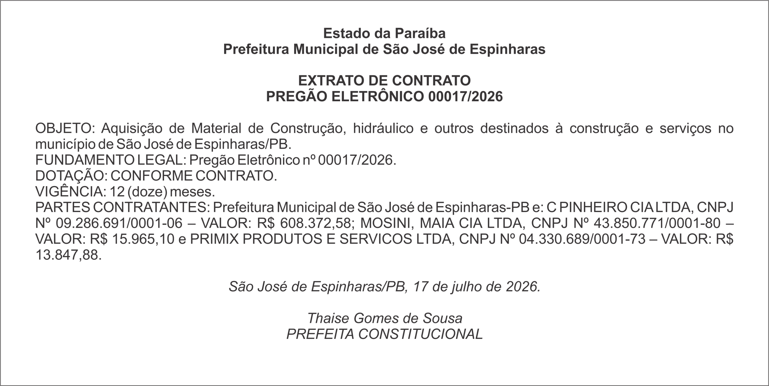 PREFEITURA DE SÃO JOSÉ DE ESPINHARAS – EXTRATO DO CONTRATO