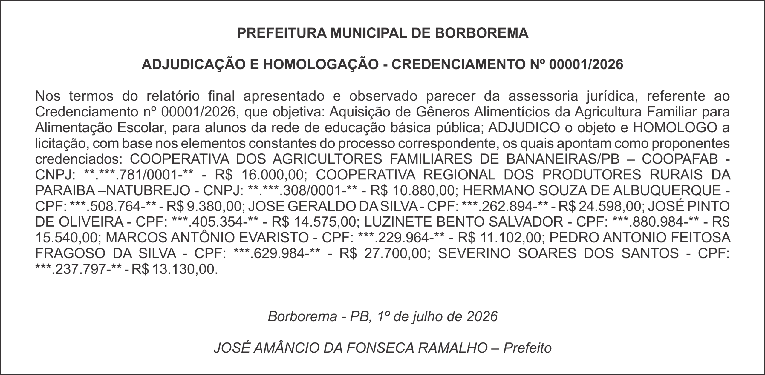 PREFEITURA MUNICIPAL DE BORBOREMA   ADJUDICAÇÃO E HOMOLOGAÇÃO – CREDENCIAMENTO Nº 00001/2026