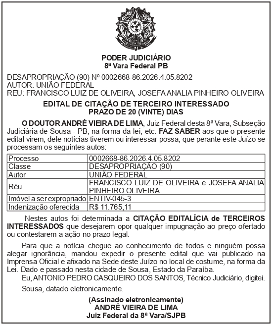 SECRETARIA NACIONAL DE SEGURANÇA HIDRICA – SNSH – MDR – DF – BRASÍLIA – Edital de Citação de Terceiro Interessado – ENTIV-045-3 (FRANCISCO LUIZ DE OLIVEIRA)