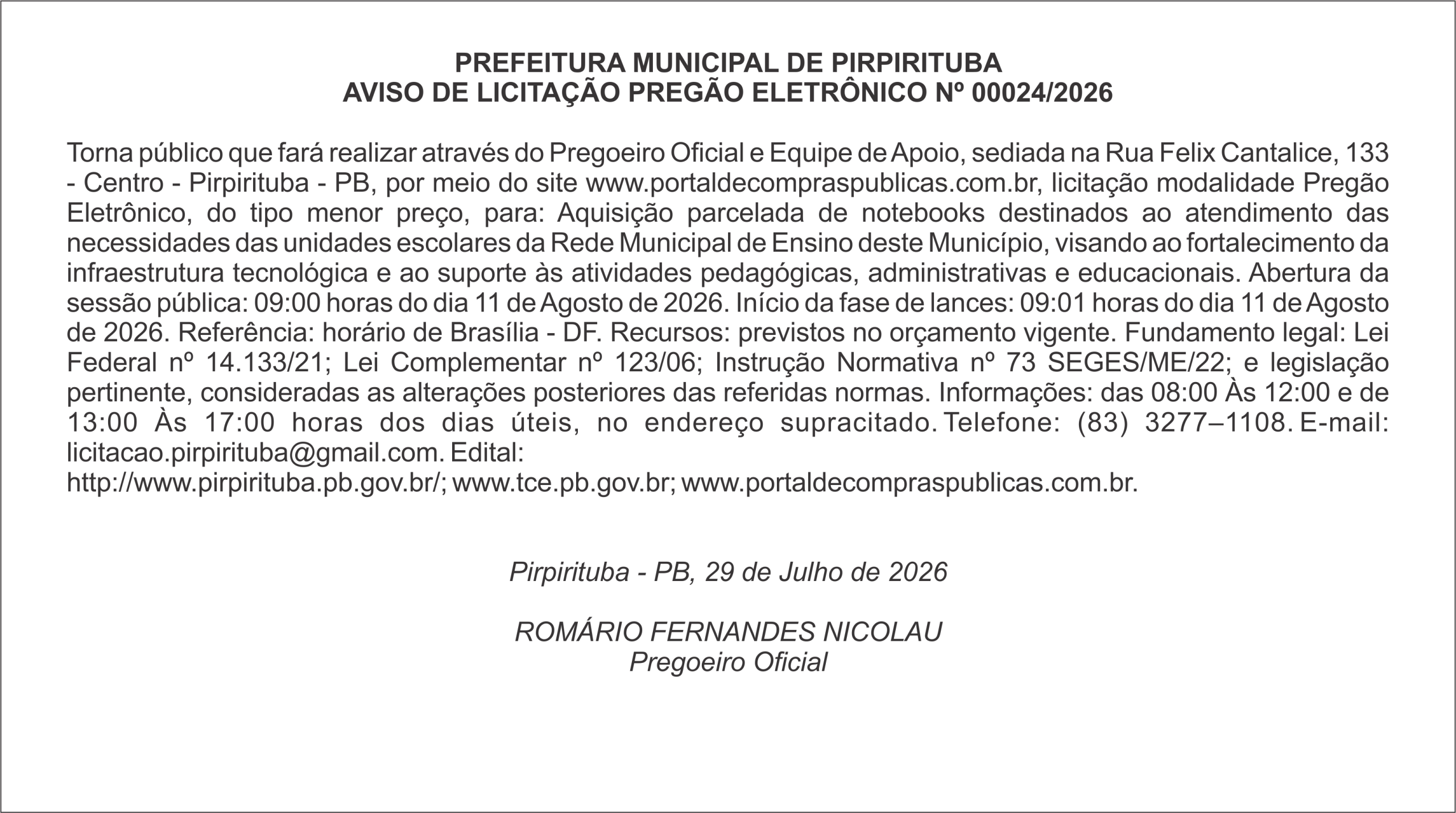 PREFEITURA MUNICIPAL DE PIRPIRITUBA – AVISO DE LICITAÇÃO PREGÃO ELETRÔNICO Nº 00024/2026