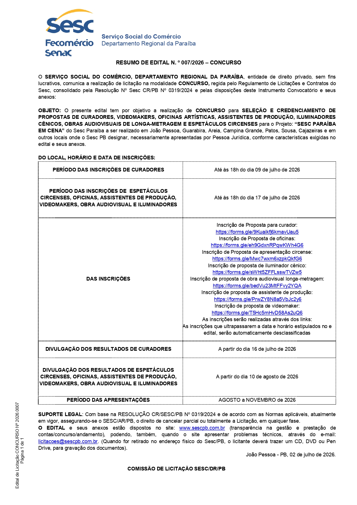 SESC – RESUMO DE EDITAL N. º 007/2026 – CONCURSO