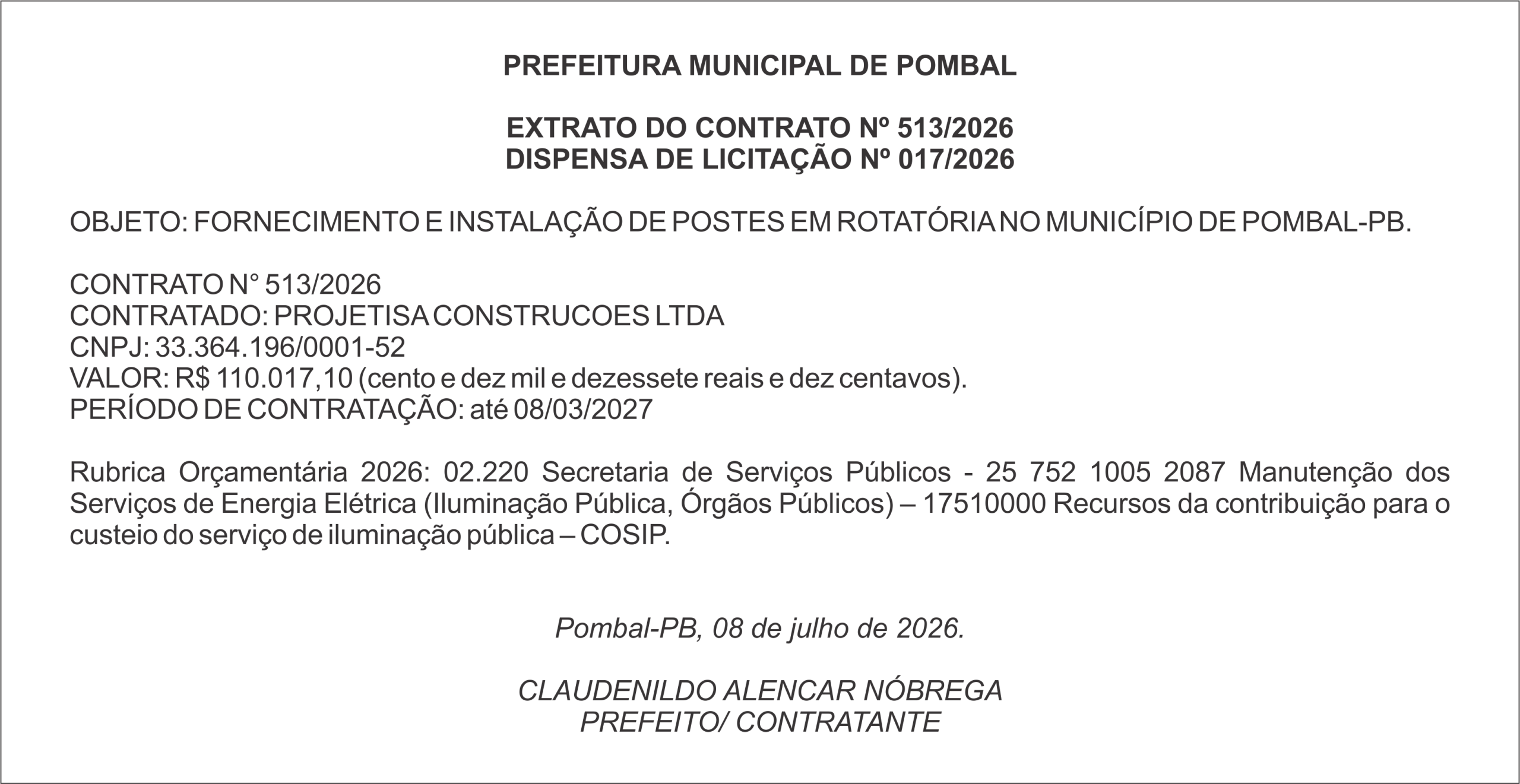 PREFEITURA MUNICIPAL DE POMBAL – EXTRATO DO CONTRATO Nº 513/2026 – DISPENSA DE LICITAÇÃO Nº 017/2026