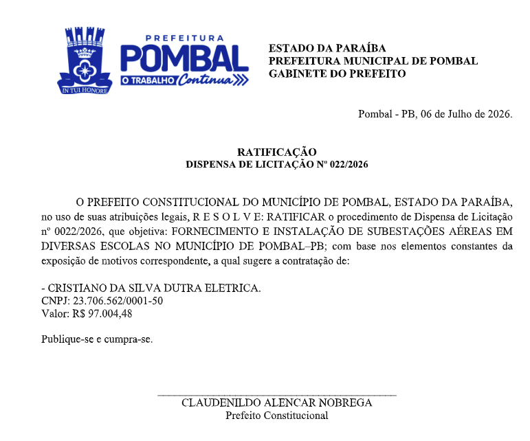 PREFEITURA MUNICIPAL DE POMBAL – RATIFICAÇÃO – DISPENSA DE LICITAÇÃO Nº 022/2026