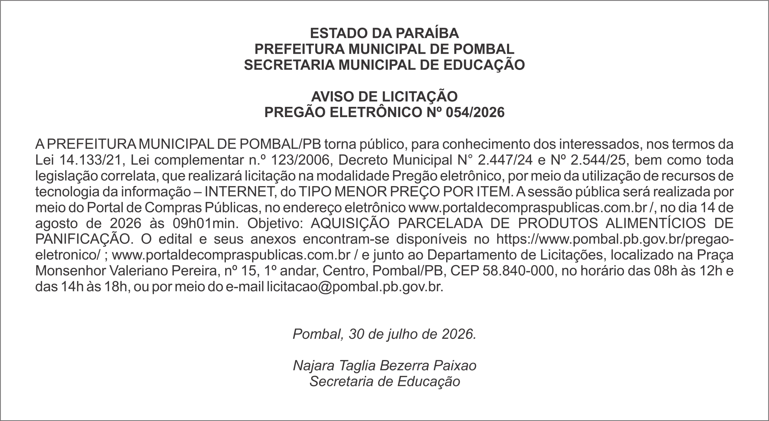 PREFEITURA MUNICIPAL DE POMBAL – AVISO DE LICITAÇÃO PREGÃO ELETRÔNICO Nº 054/2026
