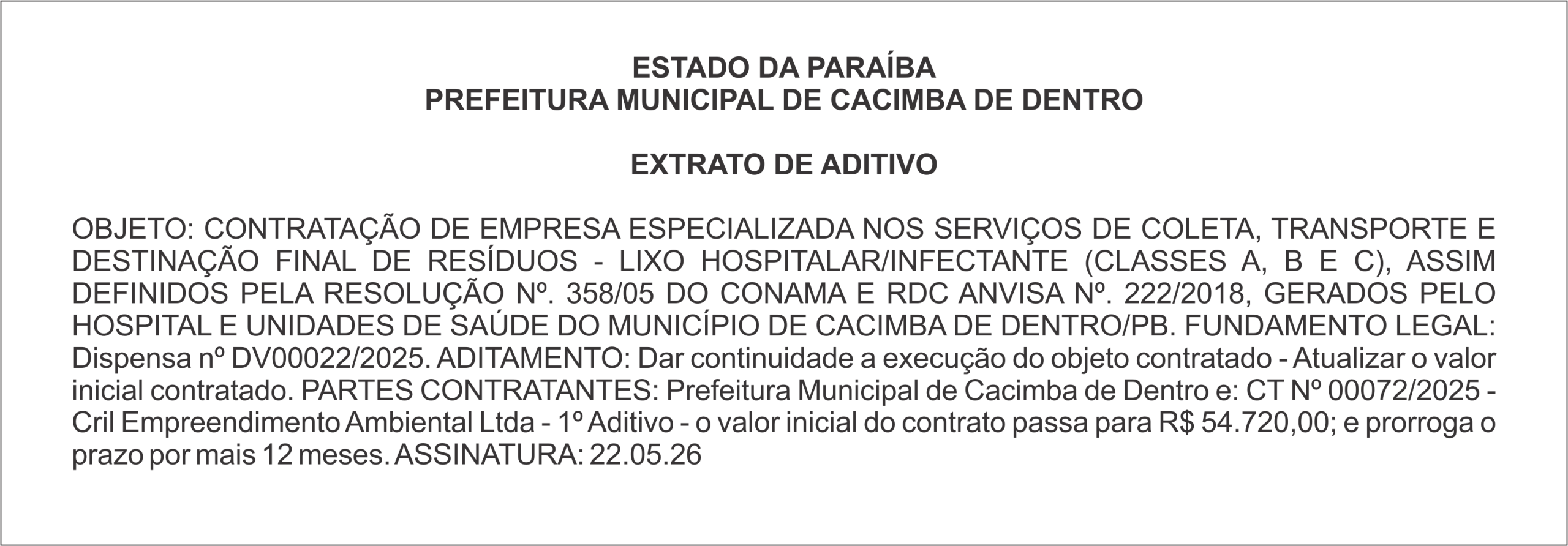 PREFEITURA MUNICIPAL DE CACIMBA DE DENTRO – EXTRATO DE ADITIVO