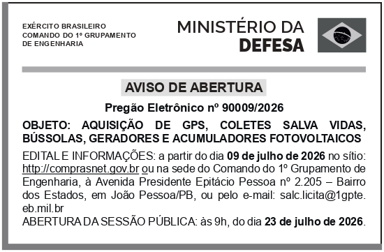 CMDO 1º GPTE – JOÃO PESSOA – PB – COMANDO DO 1º GRUPAMENTO DE ENGENHARIA – Abertura Concorrência Eletrônica 90009/2026