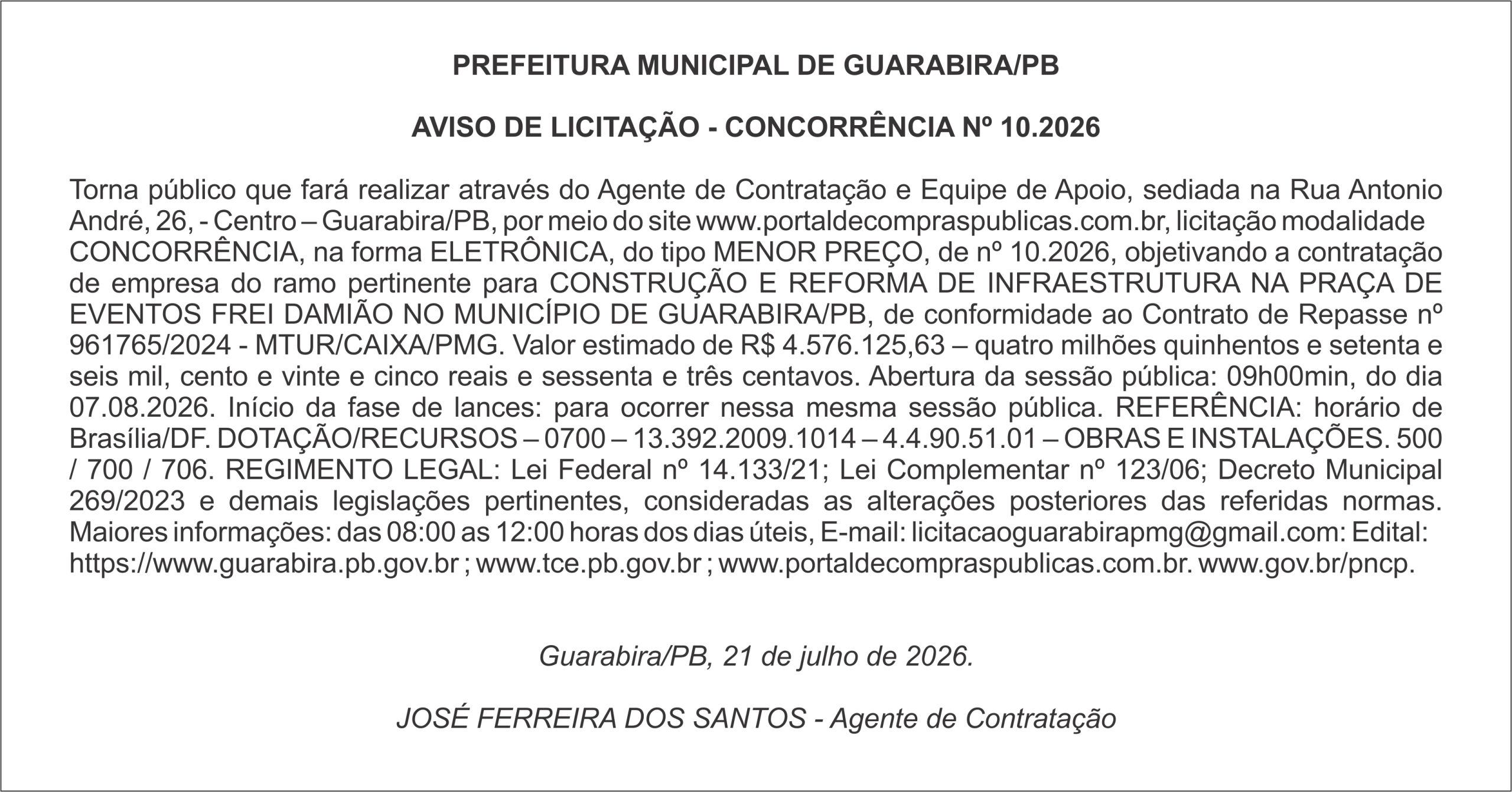 PREFEITURA MUNICIPAL DE GUARABIRA/PB – AVISO DE LICITAÇÃO – CONCORRÊNCIA Nº 10.2026