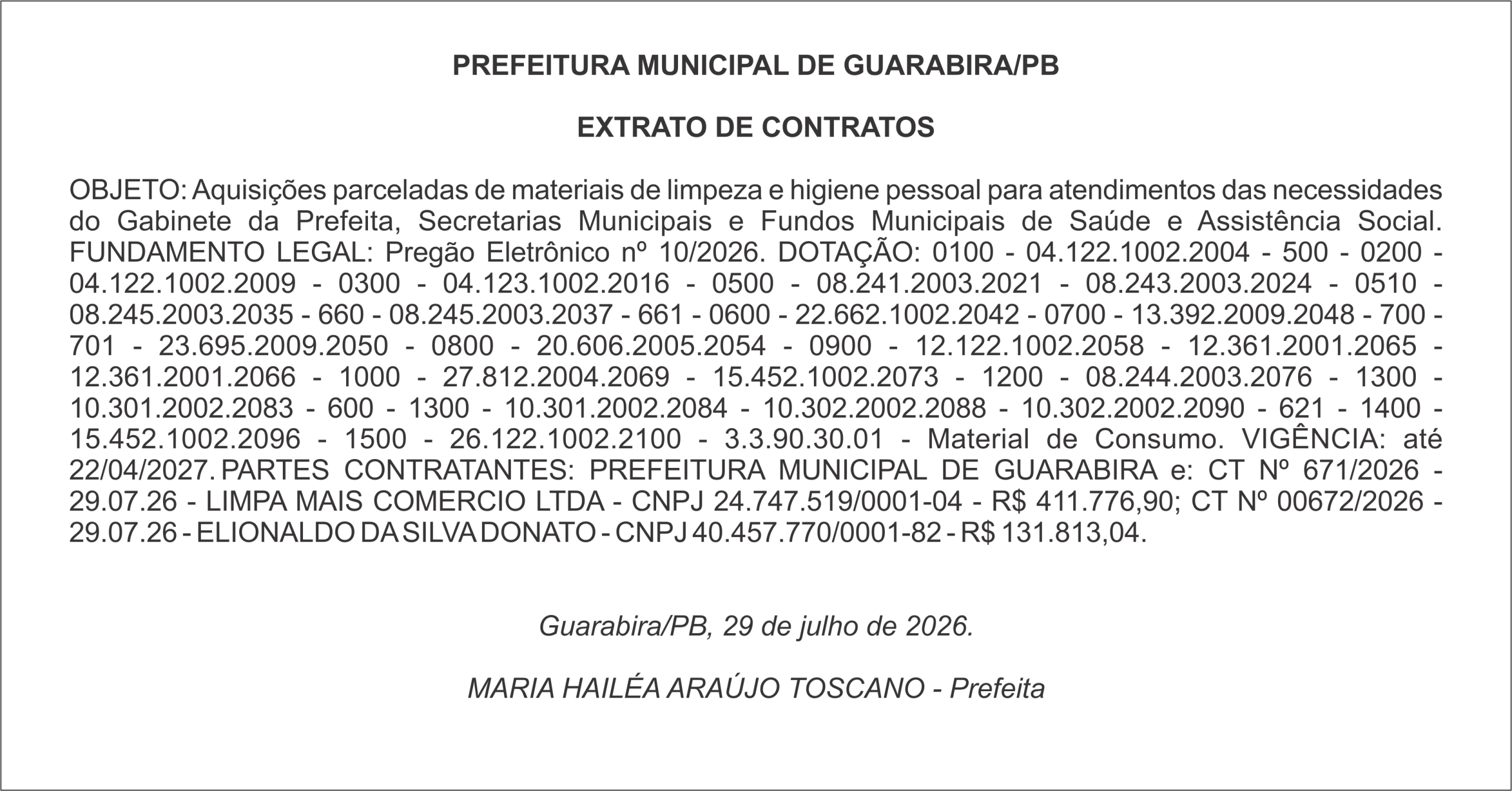 PREFEITURA MUNICIPAL DE GUARABIRA/PB – EXTRATO DE CONTRATOS
