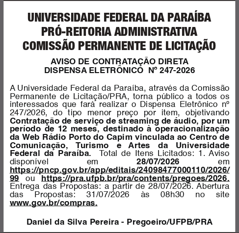 UNIVERSIDADE FEDERAL DA PARAIBA – AVISO DE CONTRATAÇÃO DIRETA DISPENSA ELETRÔNICO No 247-2026