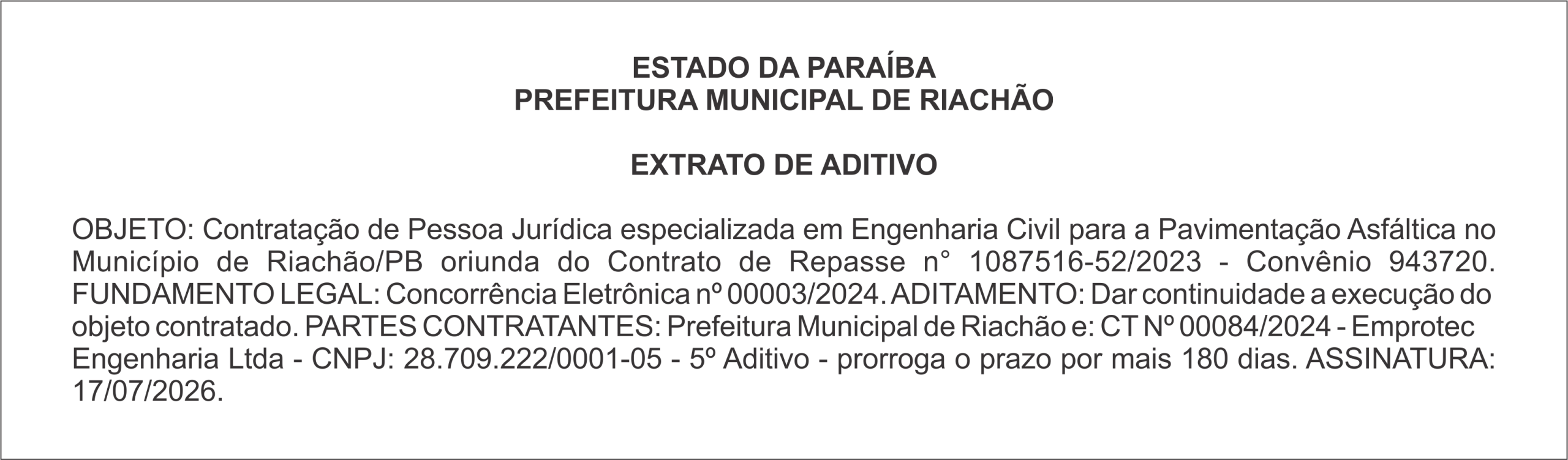 PREFEITURA MUNICIPAL DE RIACHÃO – EXTRATO DE ADITIVO