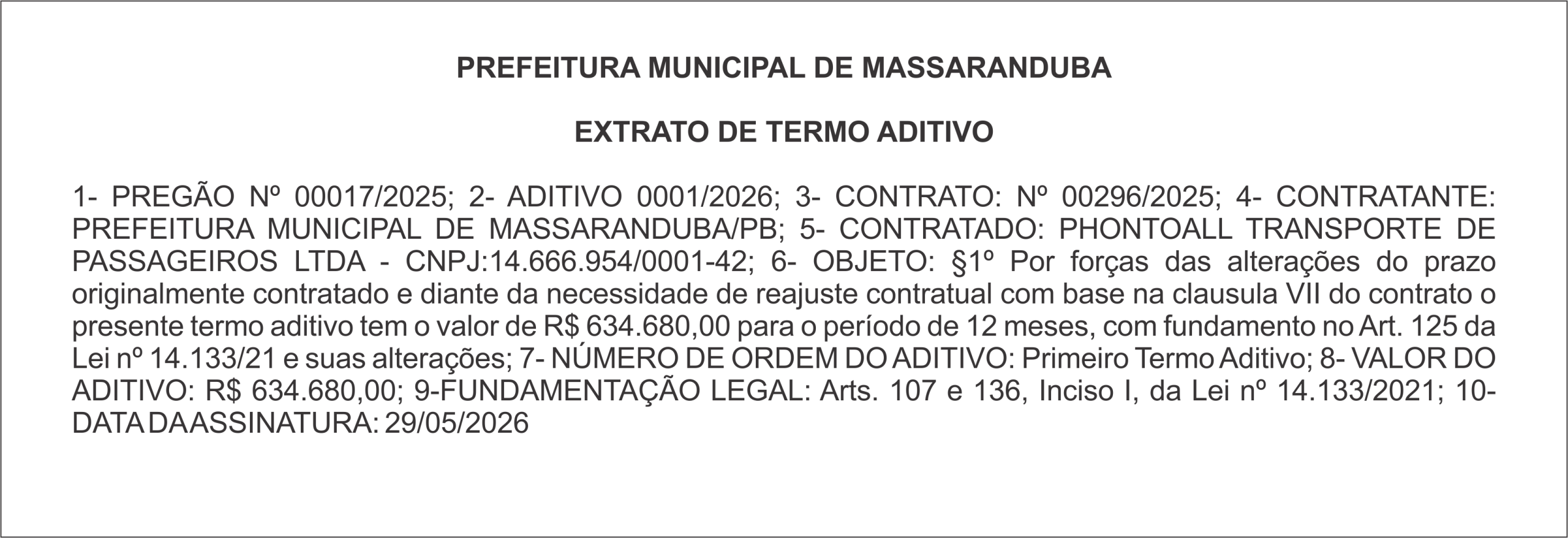 PREFEITURA DE MASSARANDUBA – EXTRATO DE TERMO ADITIVO