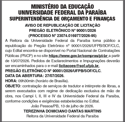 UFPB – PREGÃO ELETRÔNICO No 90001/2026