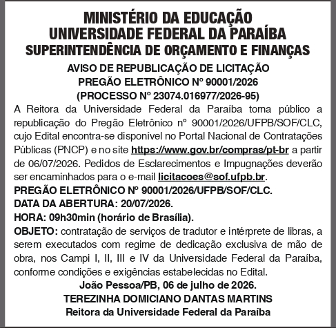 UNIVERSIDADE FEDERAL DA PARAIBA – PREGÃO ELETRÔNICO No 90001/2026
