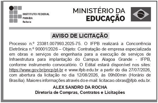 IFPB – PB – CAMPINA GRANDE – CONCORRÊNCIA n.o 90001/2026 – ALAGOA GRANDE