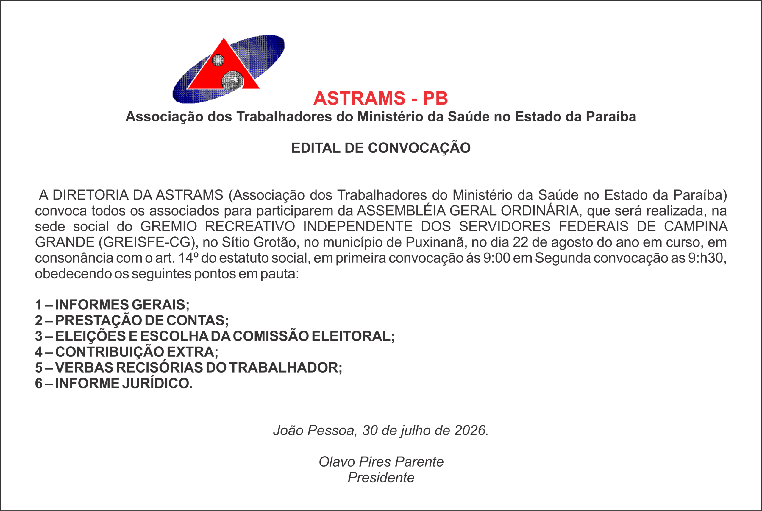 ASTRAMS – PB – EDITAL DE CONVOCAÇÃO