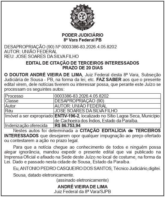 SECRETARIA NACIONAL DE SEGURANÇA HIDRICA – SNSH – MDR – DF – BRASÍLIA – Edital de Citação de Terceiro Interessado – ENTIV-196-2 (José Soares da Silva Filho)