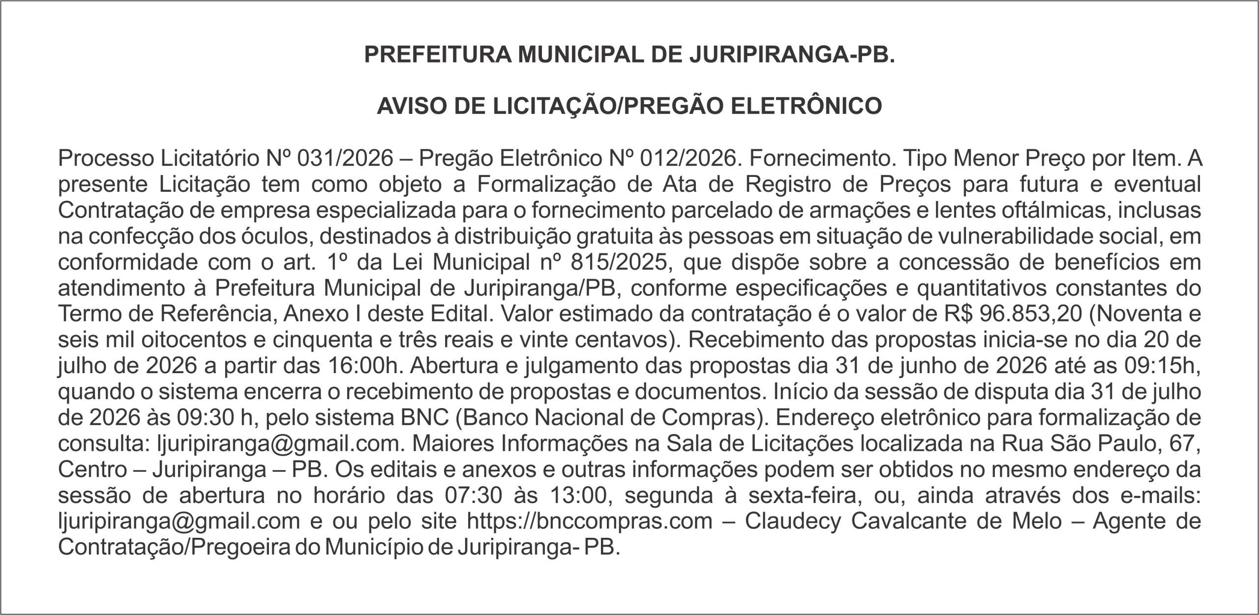 PREFEITURA MUNICIPAL DE JURIPIRANGA – AVISO DE LICITAÇÃO/PREGÃO ELETRÔNICO – Processo Licitatório Nº 031/2026 – Pregão Eletrônico Nº 012/2026