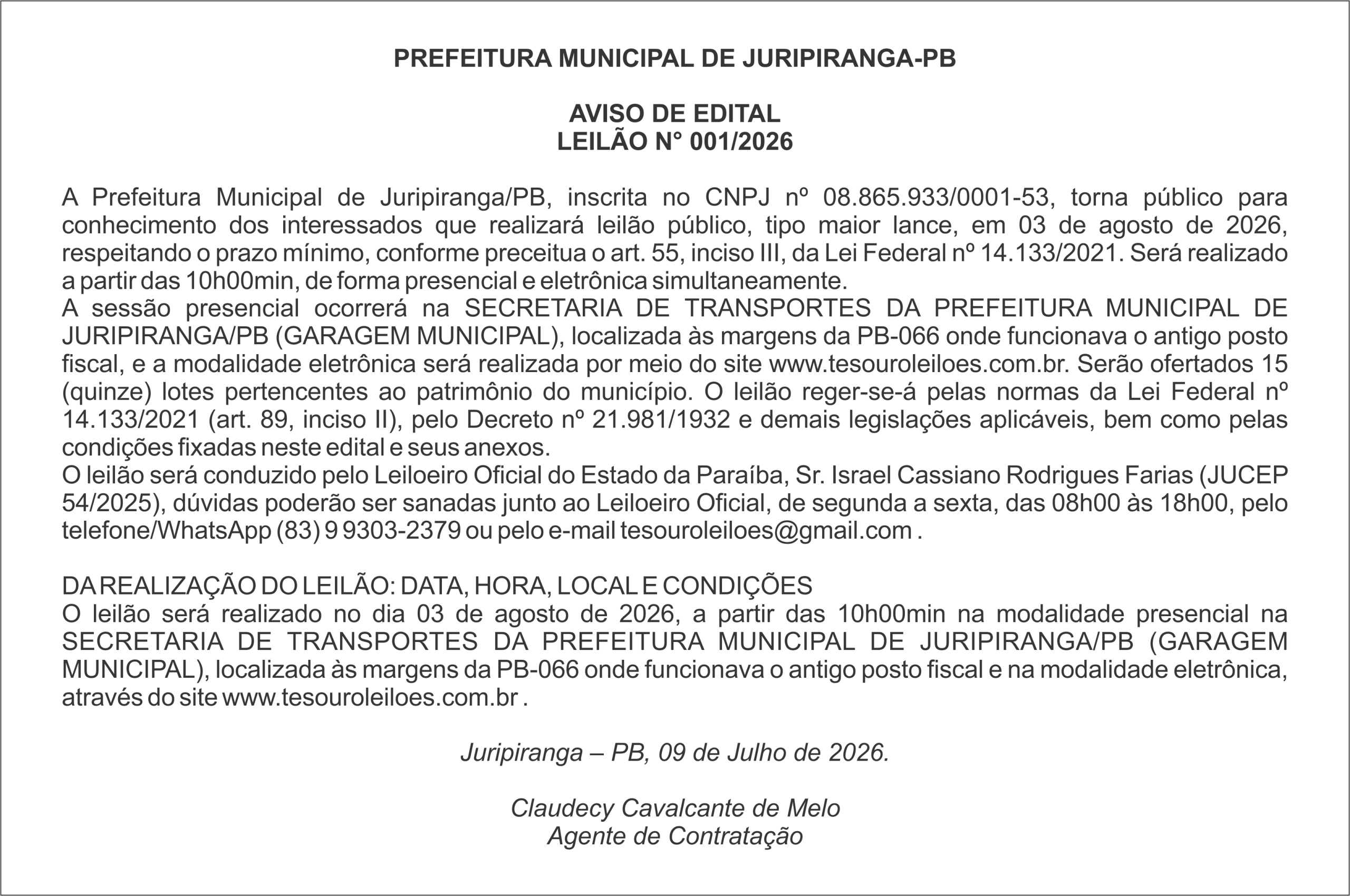 PREFEITURA MUNICIPAL DE JURIPIRANGA-PB – AVISO DE EDITAL – LEILÃO N° 001/2026